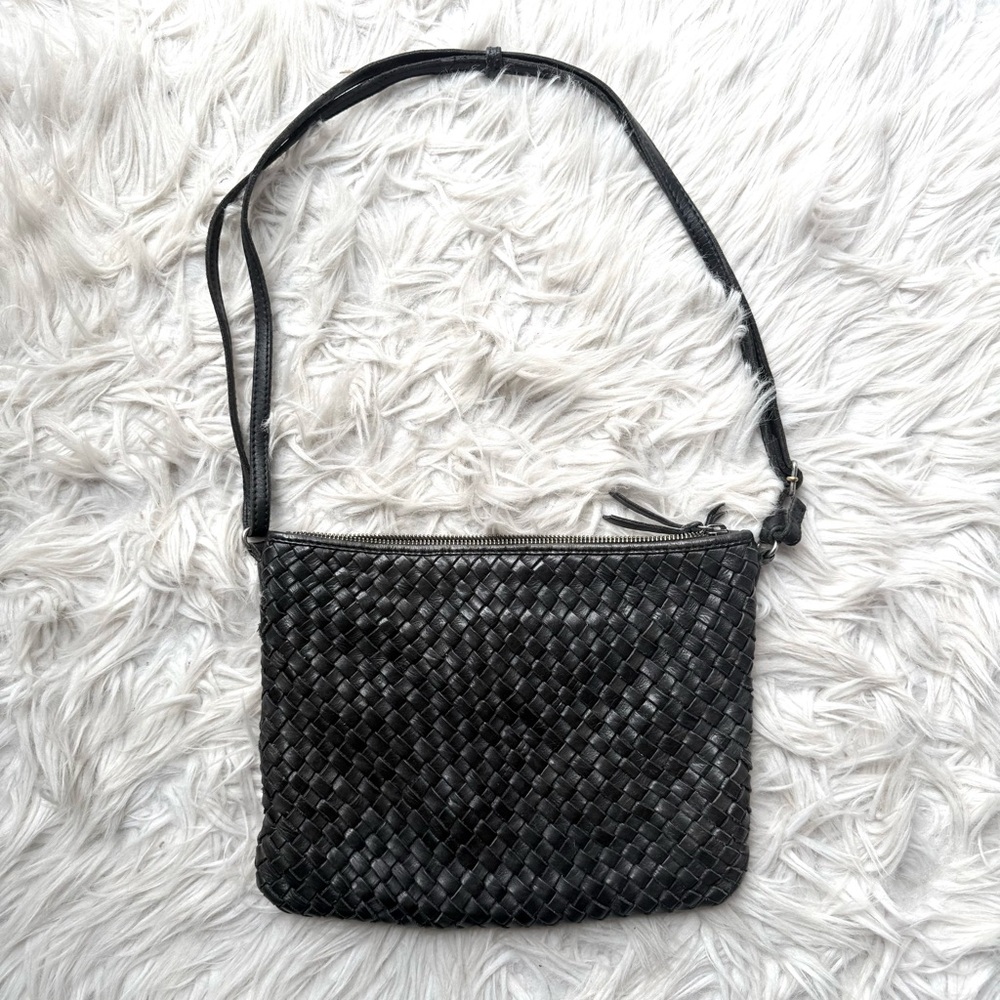 Distressed Boho Black Leather Woven Crossbody Purse Bag Medium